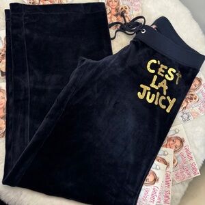 NWT Juicy Couture Navy C’EST LA JUICY Velour Pants with Gold Lettering Xl